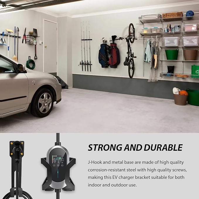 EV Charger Holder Wall Mount Kit, SAE J1772 EV Charger Cable Organizer Charging Box Holder, Space Saving Electric Vehicle Nozzle Holster Dock & J-Hook, Car Accessories