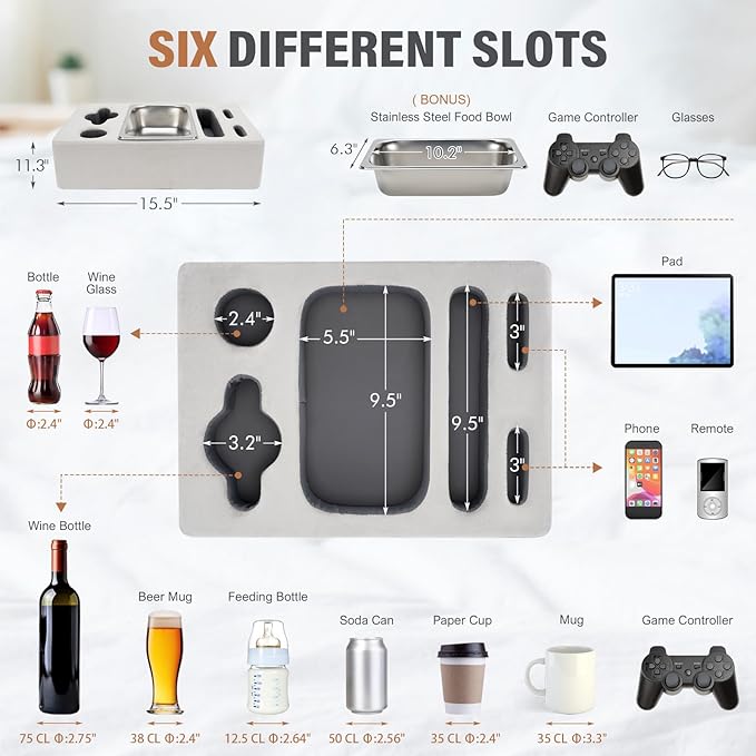 INNO STAGE Couch Cup Holder Pillow - Sofa Cup Holder with Stainless Steel Bowl Couch Drink Caddy Remote Snacks Cozy Mug Cupholder Buddy for Bed, Car, Man Cave, Rv, Tv, Backseat (Silver)