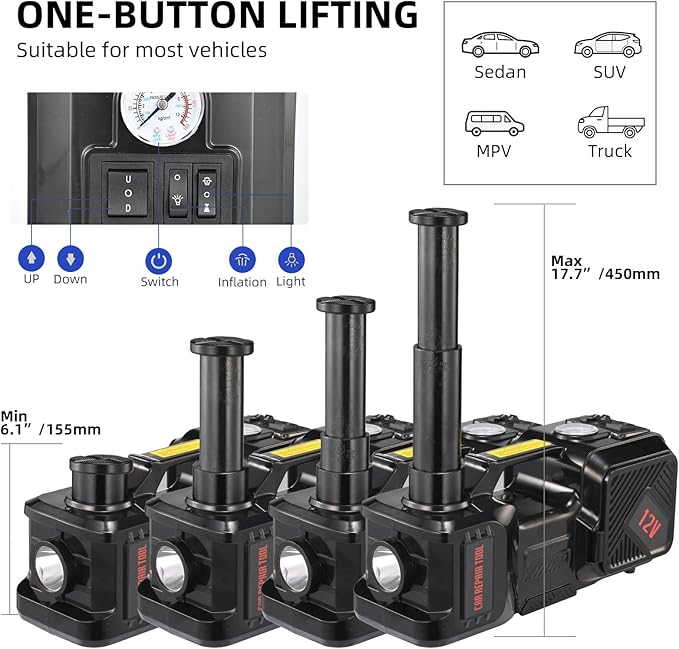 Electric Car Jack kit 5 Ton 12V Electric Floor Jack Lift for Vehicle, Electric Hydraulic Jack Auto Repair Tool Set with Built-in Inflator and Impact Wrench for SUV Sedan Truck Tire Change