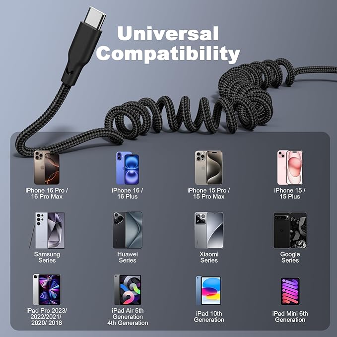 Coiled Car Carplay Charger Fast Charging，[2-Pack, 3Ft] Retractable Braid USB A to USB C Cable for iPhone 17/16/15/Plus/Pro Max/MacBook Pro, Type-C Cord,Black