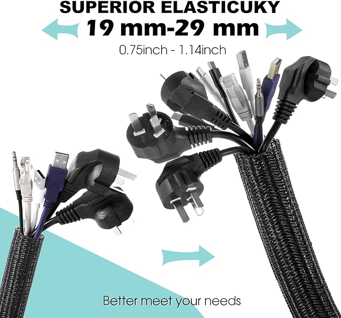 AGPTEK Cable Sleeve, 2 Pack 5ft - 1.2 Inch Cable Management, Desk Cord Cover Organizer Wire Hider for Home Office Computer TV Wire Loom Tubing, Pet Proof Cord Protector from Cat Dog Chewing, Black