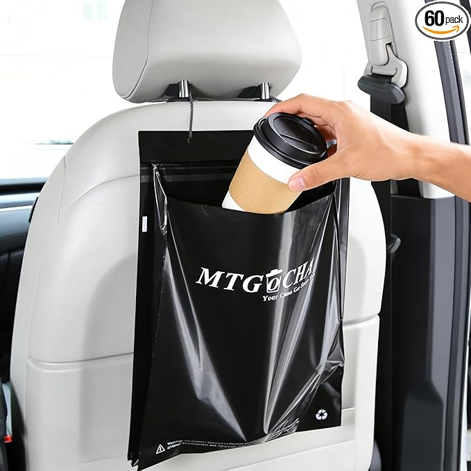 Disposable Car Trash Bags Hanging (Set of 60) - Leak-Proof, Smell-Proof, Recycled Car Garbage Bags, Automobile Trash Container, Road Trip Essentials, Black-Medium