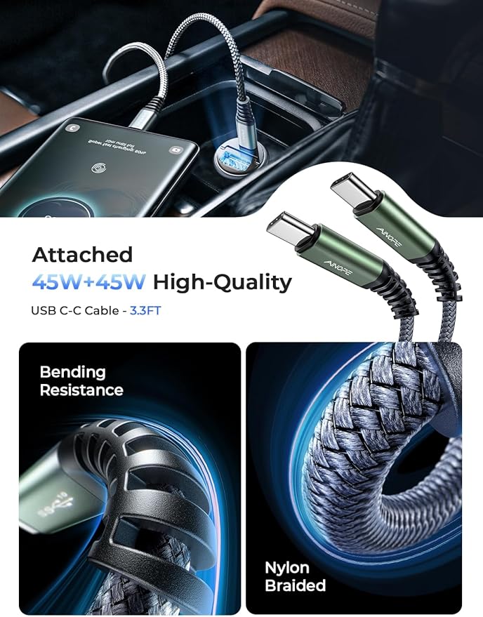 AINOPE 90W for Phone 17/16/15 Pro Max Car Charger USB C Fast Chage, [Mini&Metal] Invisible Cigarette Lighter Adapter with 3FT USB C to C Cable for iPhone 17/17 Pro/17e/16/15 Pro Max/Plus/16e, Kids