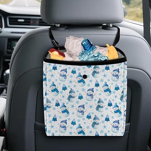 Snowman Snowflake Stars Pattern Garbage Bag and Water Resistant Trash Can for Car, Leakproof Trash Can for SUV Truck Christmas Car Accessories(Blue)