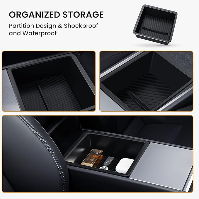 BANKKY 5PCS Center Console Organizer for Tesla Juniper: 2025-2026 New Model Y Accessories Center Console Storage Tray Armrest Hidden Box Orgainzer and Underseat Storage Box Durable ABS Anti-Slip