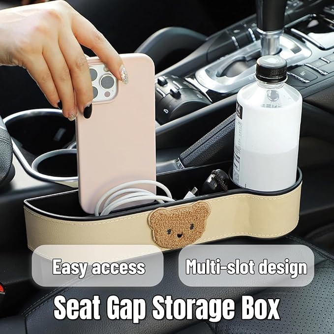 2 Pack Leather Cup Holder for Car Seat Gap Organizer Cute Bear Multifunctional Car Seat Storage Box for Mug Phone Keys Beige