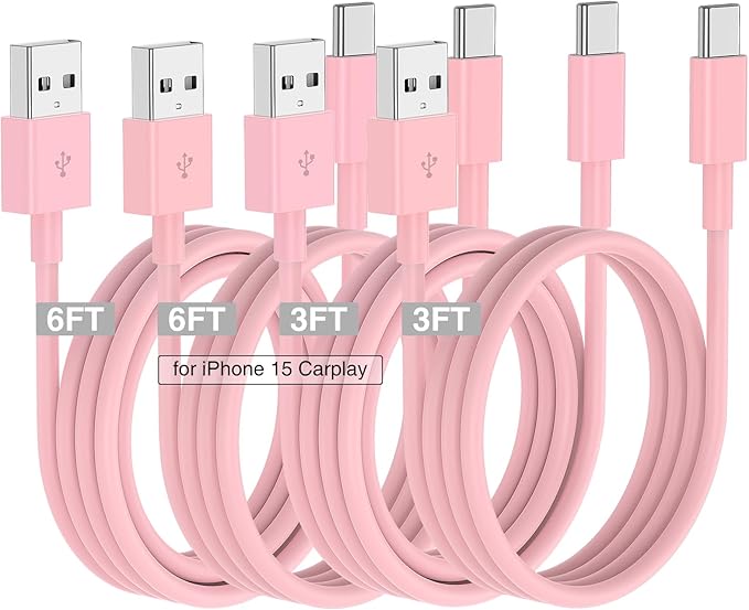 Car Carplay Cable for iPhone 17 16 15 Charger Cord,3/3/6/6FT USB A to USB C Cable for iPhone 17 Pro Max/16 Pro/15 Plus Charger,USB C Car Charger for Apple 17 Air/16 Pro Max/16e/15-Pink