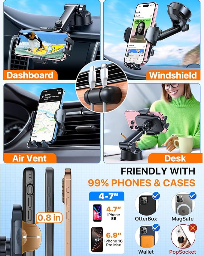 HTU 2026 Ultimate Best【True Military-Grade & Safety Cert】Car Phone Holder【Upgraded 360 Rotation & 100+LBS Strongest Suction】5-in-1 Truck Windshield Dashboard Vent Mount Stand for iPhone Android, Red