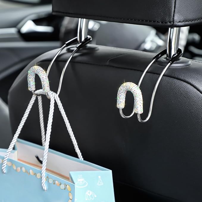 Soleebee 2 Pack Bling Car Headrest Hooks Crystal Rhinestones Universal Car Seat Hook Auto Hook Durable Car Back Seat Hangers Storage Organizer (AB Color)