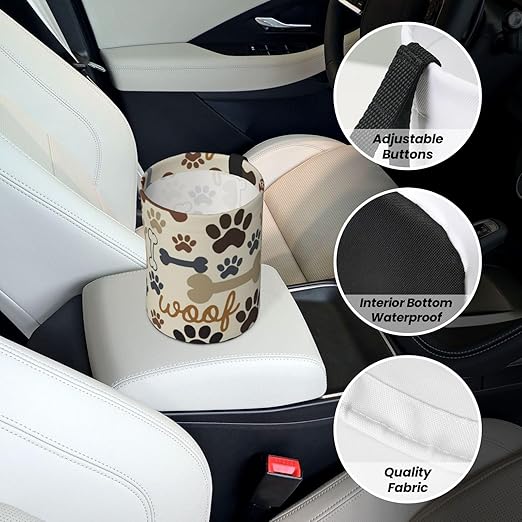 Dog Paw Prints Bones Car Trash Can Leak Proof Hanging Waterproof Garbage Can Multipurpose Trash Bin for Car SUV Front Seat Headrest Collapsible and Portable Storage Pocket
