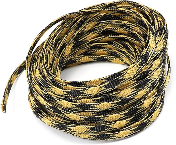 Aicosineg 32.81ft PET Flexible Braided Cable Sleeve 0.25inch Width Wire Loom Sleeving and Organizer Flexible Wire Mesh Sleeve Wrap Protector for TV Audio PC Cords from Pets Chewing Black and Yellow