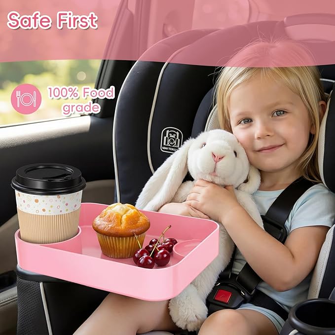 Kids Car Seat Tray, Travel Tray with Cup Holder for Toddler Baby, Kids Car Seat Food Snack Organizer for Road Trip, Stroller Snack Organizer Travel Must Haves Toddler Must Haves (Pink, 2 Packs)
