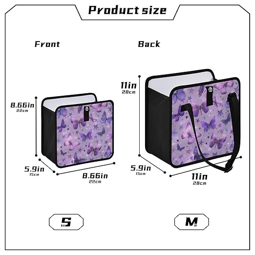 Car Trash Can Organizer Bin with Adjustable Strap for Back Front Seat Console Waterproof Leakproof Collapsible Portable 8.66 Inch Purple Dreamy Butterflies and Stars