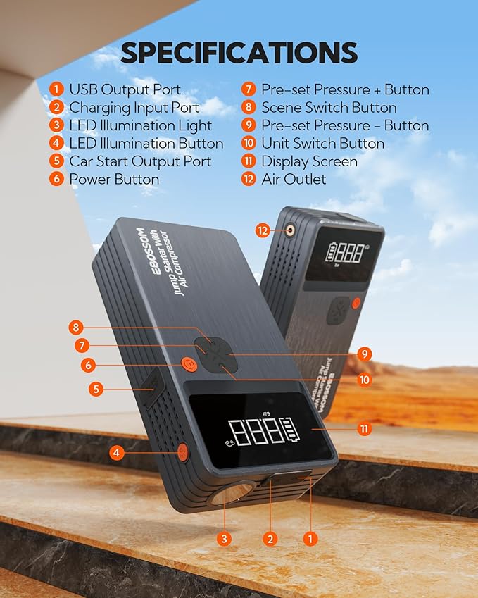 Car Battery Jump Starter with Air Compressor, Battery Jump Box with Tire Inflator,Jump Booster with Smart Jumper Cables,LED Light Emergency Car Kits for Vehicles,Arrancador Ae Batería
