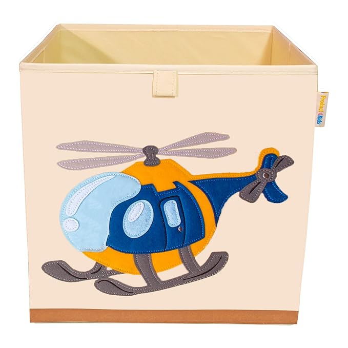 Washable Cube Storage Organizer Bins, Foldable Canvas Toy Organizers and Storage for Toys, Books, Clothes- Kids Storage Bins for Bedroom or Playroom-13x13x13 Inch (Helicopter)
