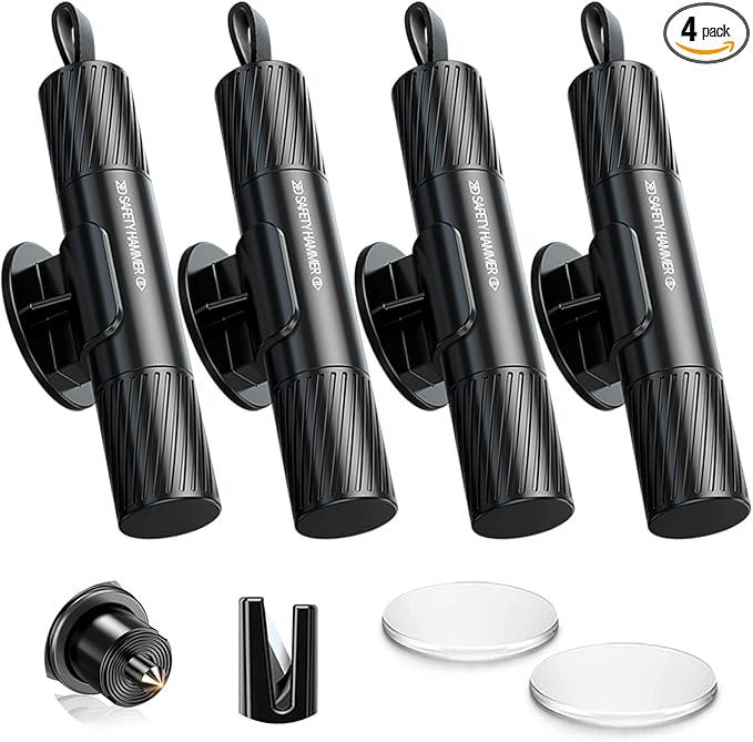 4 Pack Safe Hammer Glass Breaker Underwater, 2-in-1 Car Safety Hammer Window Breaker and Seatbelt Cutter, Car Accessories, 1s Rapid Escape, Emergency Rescue Tool for Auto Accidents(Black, Portable)