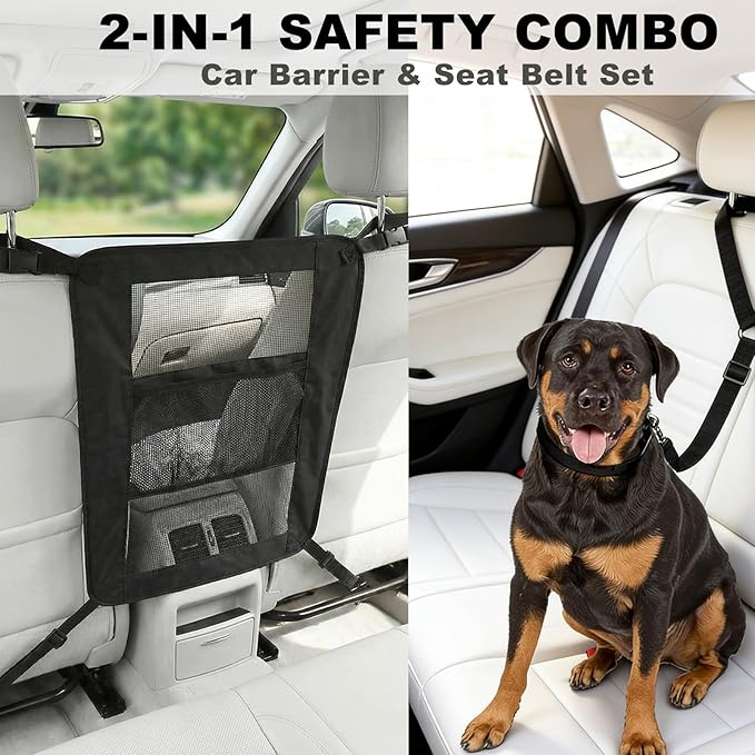 Dog Car Barrier & Seat Belt Set, Heavy Duty Canvas Car Seat Divider for Dogs with Double-Sided Organizer, Adjustable Elastic Straps, Precision Fit for SUVs & Cars, Pet Travel Safety Kit