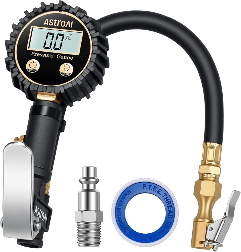 AstroAI Digital Tire Pressure Gauge with Inflator(3-250 PSI 0.1 for Display Resolution), Heavy Duty Air Chuck and Compressor Accessories with Rubber Hose and Quick Connect Coupler, White