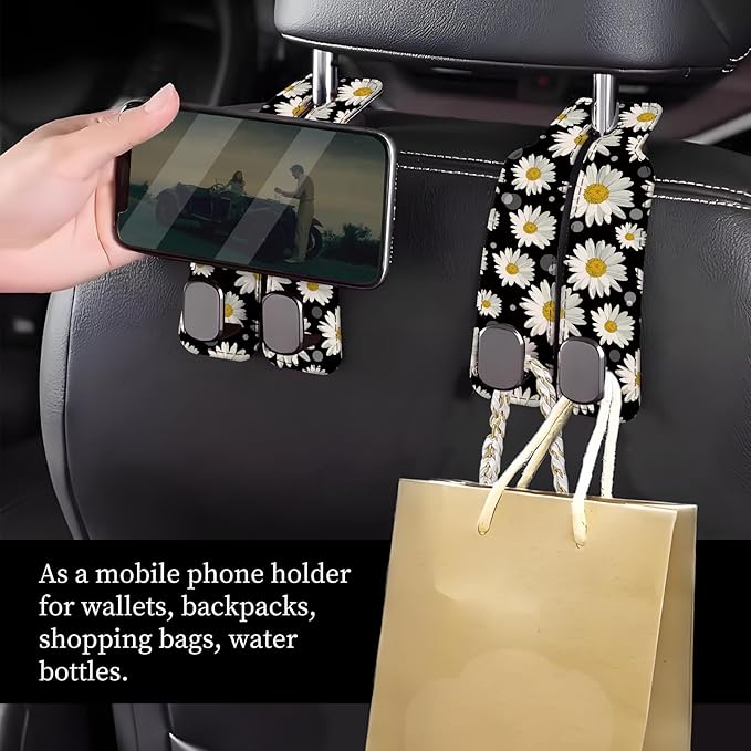 Car Seat Headrest Hook, Universal Leather Cute Hanger Holder Hook, Storage Organizer Interior Accessories for Purse Bags Handbag Cute Daisys