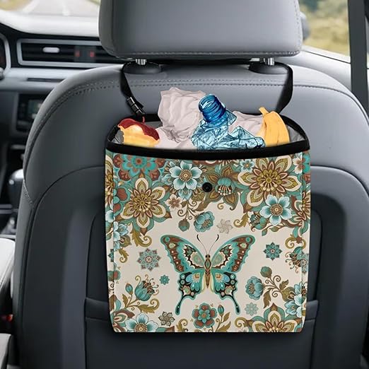 2 Gallons Open-Top Car Trash Can Hanging Car Trash Bag Water Resistant Leakproof Trash Bag Car Accessories for Women Men, Butterfly and Boho Mandala Print