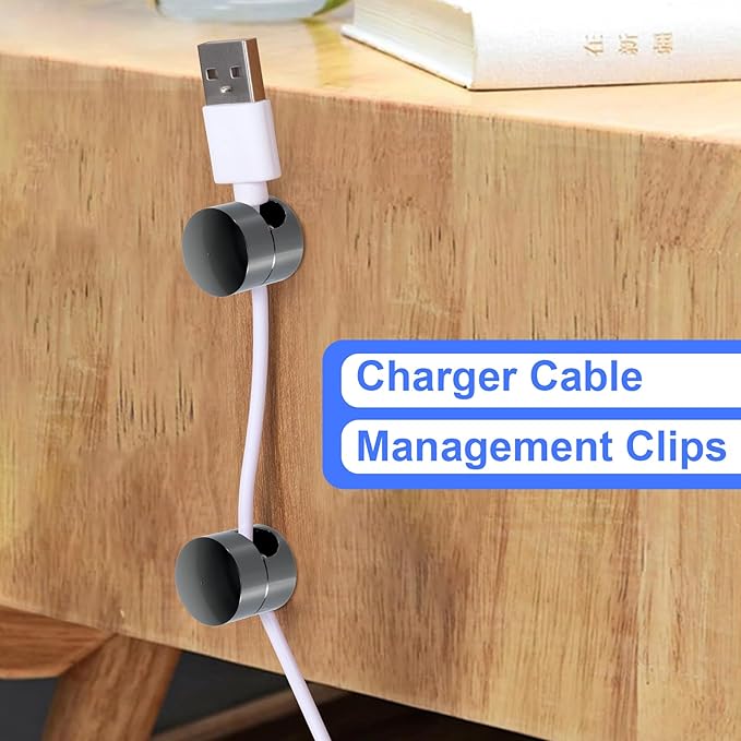 SmallCat 6 Sets Charger Holders for Cords, Black Adjustable Cable Anchor Holders, Adhesive Metal Cord Clips, Cable Management Wire Organizers for Desk, Office, Nightstand