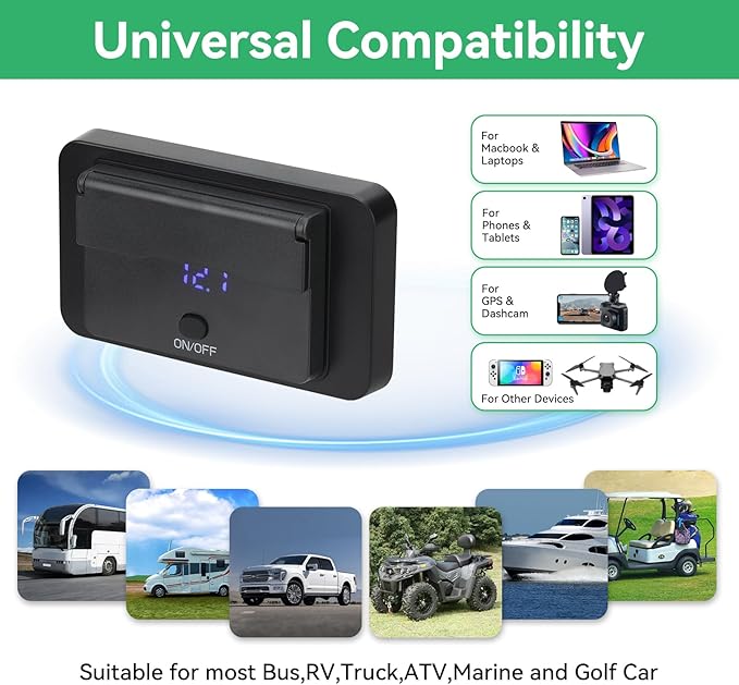 2 Pack 78W 12V USB Outlet Panel Wall Mount with Blue Voltmeter Dual 36W PD & Dual 18W QC3.0 Car USB Port Lightweight 12V USB Charger with ON/Off Switch