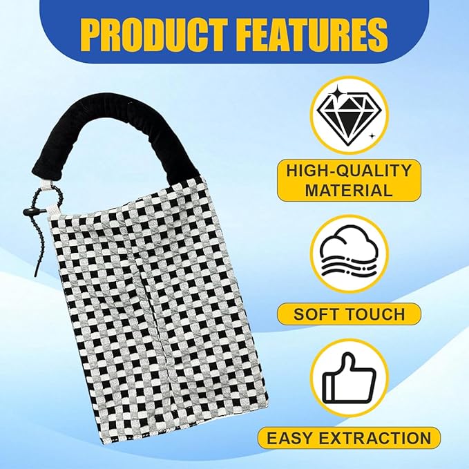 Car Tissue Holder, Checkered Pattern Car Backseat Napkin Holder, Rectangular Canvas Hanging Auto Tissues Box, Universal Vehicle Storage Organizer Accessory for Phone, Small Items (Black)