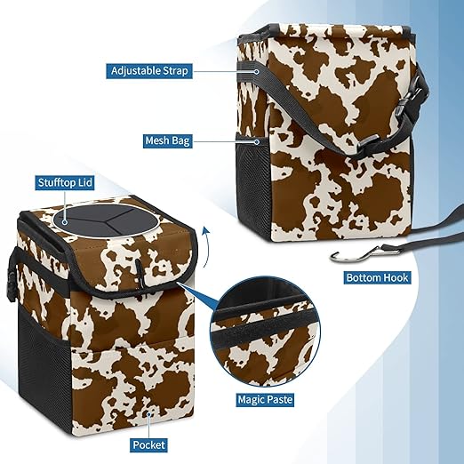 Brown Cow Print Car Trash Can with Lid Collapsible Reusable Waterproof Car Garage Bag,Automotive Garbage Can,Car Accessories Interior Car Organizer