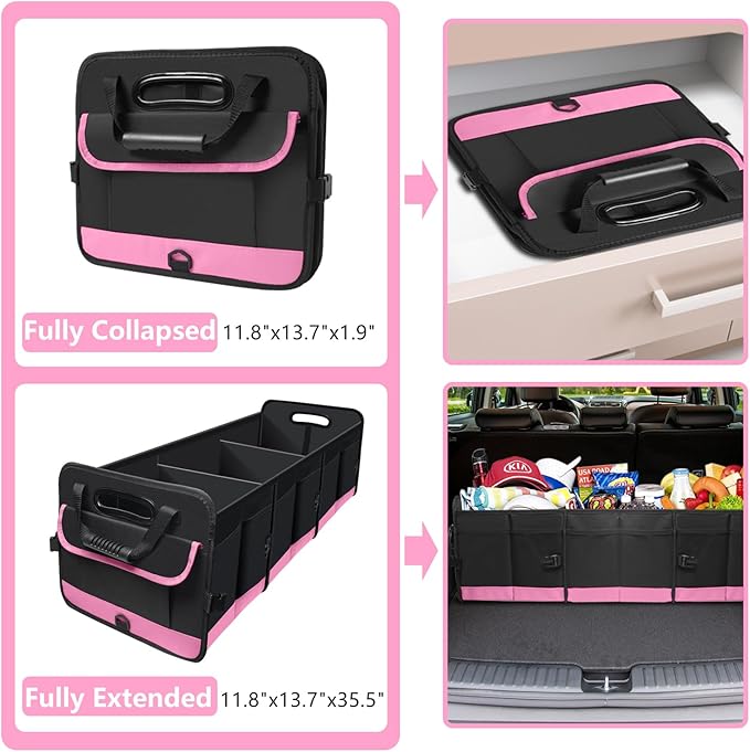 Trunk Organizer for Car, 95L Large Capacity Trunk Storage with Non-Slip Bottom Strips, Cargo Organizer for Suv, Truck, Sedan, Waterproof Portable Car Organizers for Women Men(Pink)