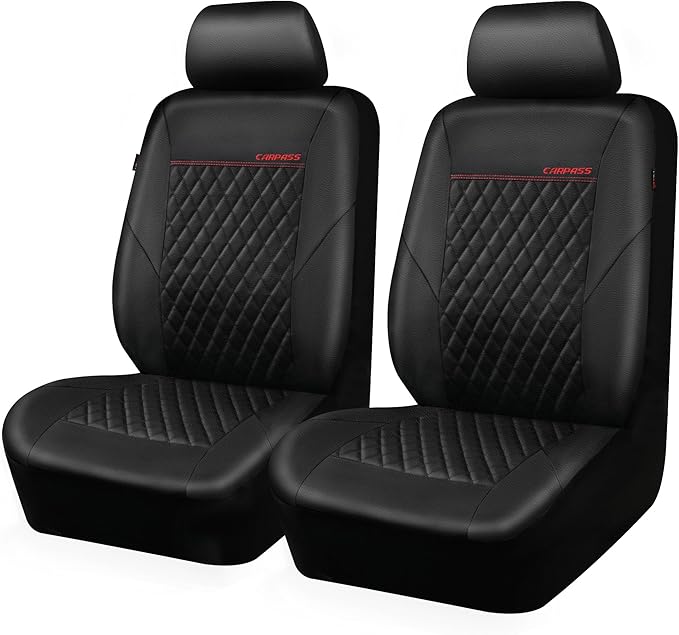 CAR PASS Quilting Leather Seat Cover Two Front Seats Only, Universal Fit Automotive Front Seat Covers Waterproof Deluxe PU Premium Vinyl Luxury for Cars Sedan Van SUV Airbag Compatible 2 Pieces,Black