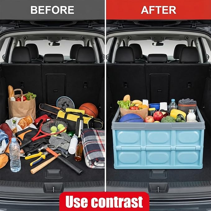 YoRise Car Trunk Organizer, Plastic Waterproof Foldable Car Cargo Storage Box with Lid, Universal Portable Automotive Tool Container Accessories for SUV Truck Sedan (Blue)