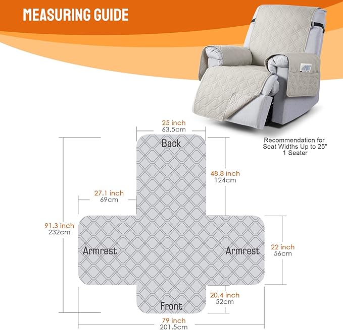 VANSOFY 100% Waterproof Recliner Chair Covers, Recliner Cover Non-Slip Dog Chair Cover Furniture Protector Washable Slipcover with Pocket, Elastic Straps for Pets, Dogs(Beige, 25")