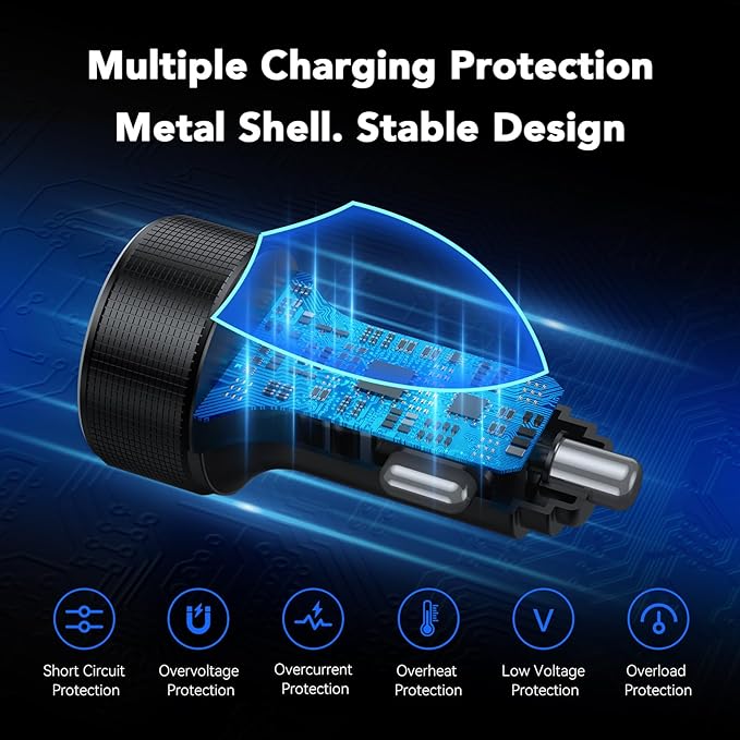 iPhone 17 Car Charger USB C Fast Charge Cable, 78W 4 Port Metal Car Phone Charger Adapter with Voltmeter PD 30W & QC3.0 Cigarette Lighter USB Adapter for iPhone 17/16/15, Galaxy, iPad, Android