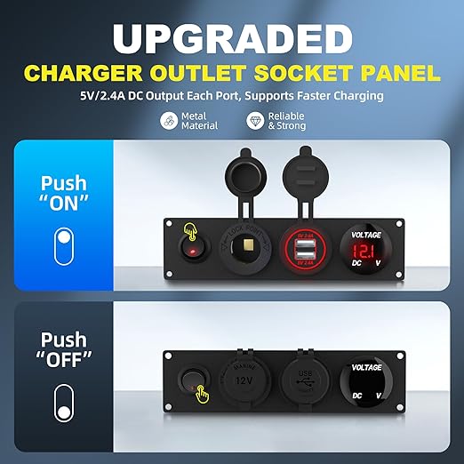 RVMARINEPAT 4 in 1 12V USB Panel with LED Voltmete & Dual USB Charger Socket Power & Cigarette Lighter Socket & Red LED Lighted Toggle Switch Panel for Boat Car RV Golf Cart ATV