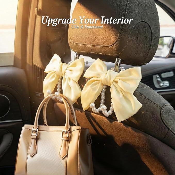 2PCS Satin Bow Pearl Car Seat Headrest Hooks – Car Bag Holder & Vehicle Hanger for Purses – Cute Coquette Aesthetic Interior Decoration – Cute Auto Organizer Accessories Universal (Pearl White)