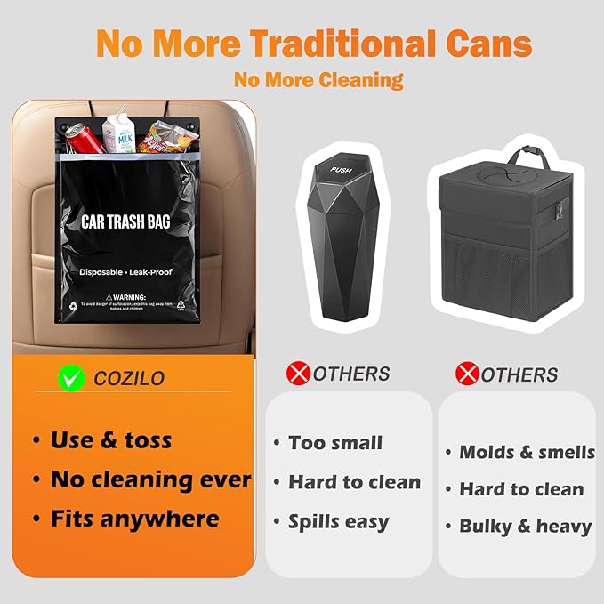 50 Count Recycled Disposable Car Trash Bags - 2 Gallon Heavy Duty Alternative to Bulky Car Trash Can & Car Garbage Can, Leakproof Smellproof Hanging & Stick-On Garbage Bag for Car, SUV, Truck, Vehicle