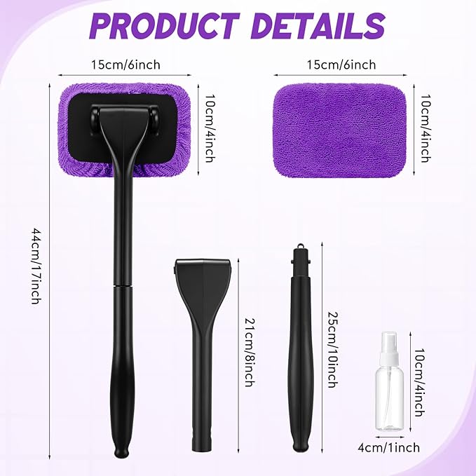 FoldTier 8 Pcs Car Windshield Cleaner Tool Kit with Removable Handle, Microfiber Towel Pads, Brush, Empty Spray Bottle for Auto Glass Wiper Suvs Rvs & Home Windows(Purple)