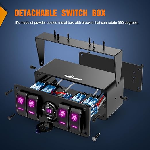 Nilight 4 Gang Rocker Switch Box 12V SPST ON Off Toggle Switches PD Type C and QC 3.0 USB Sockcet Voltmeter Purple LED Light Waterproof Aluminum Mount Bracket Panel DIY Stickers for Boat Car RV Truck