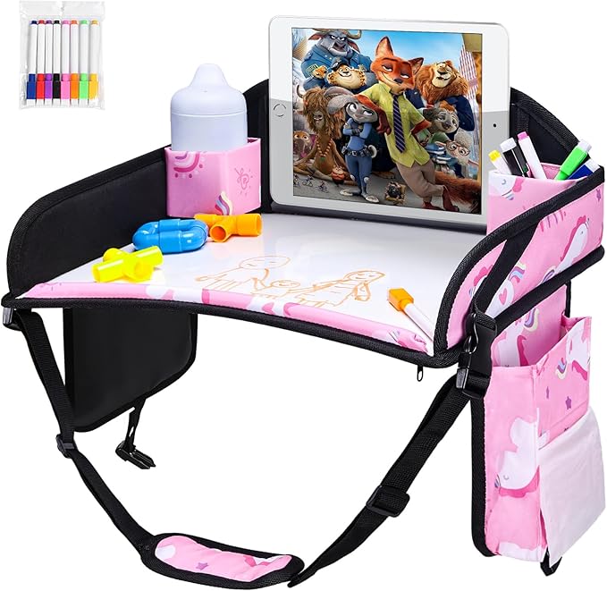 Kids Travel Tray for Toddler Car Seat, Road Trip Activities for Kids with iPad Holder Stand & Dry Erase Board, Road Trip Essentials Accessories Lap Tray as Travel Gifts for Kid, 2PC