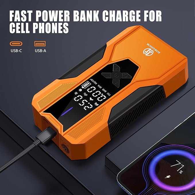 Sorghum Battery Jumper Starter Portable - 8000A Car Battery Jump Starter with Air Compressor, 150PSI Jump Box with Tire Inflator, Car Battery Booster Jump Pack for All Gas/12L Diesel