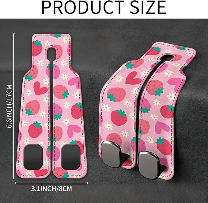 Car Seat Back Storage Headrest Hook, Premium Leather Double Metal Hook, Hanger Storage Organizer for Purse Cloth Bag, Car Interior Accessories Cute Pink Strawberry