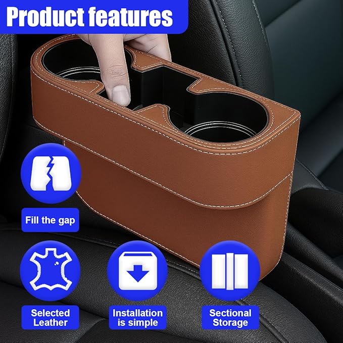 YoRise Car Cup Holder, PU Leather Automotive Cup Drink Holder, Car Seat Gap Filler Storage Box, Multifunctional Front Seat Organizer, Cell Mobile Phone Holder, Coin Bucket (Brown)
