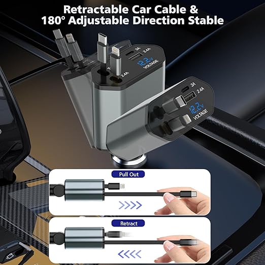 66W Retractable Car Charger,CarCharger Fast Charging 4 in 1 Car Phone Charger Retractable USB C Cable,Type C to Lightning Cord,USB C Port and USB A Port Fast Charging for iPhone 16/15/14,iPad
