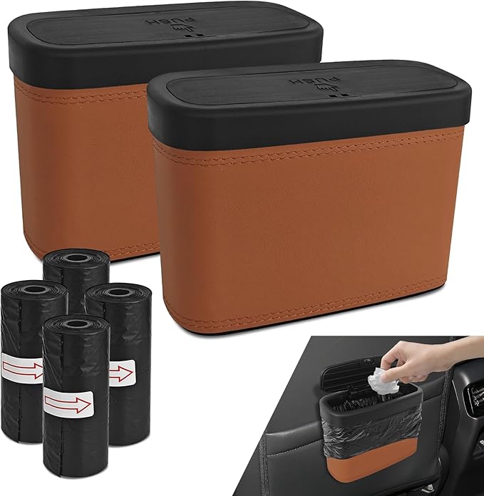2PCS Car Trash Can with Lid, Press-Top Car Trash Bin with 30PCS Cars Trashs Bags, Small Automotive Dustbin Garbage Container Universal Fit Most Cars Office Home (2pcs-Brown)