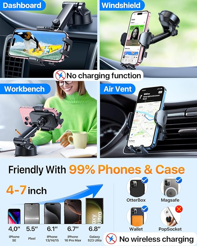 HTU 2026 Upgraded [True Military-Grade] Car Phone Holder【Safety Certs & No Smell】 Cell Phone Holder for Car Mount for Dashboard Windshield Air Vent Long Arm Thick Case,Red