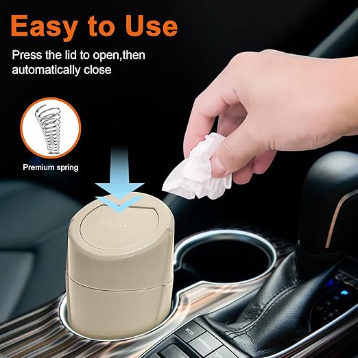 Car Trash Can, 2 Packs Mini Car Trash Bin with Lid, Leakproof Cup Holder Car Garbage Can with 60 Trash Bags, Vehicle Front Back Seat Organizers and Storage for Car, Home, Office, Beige