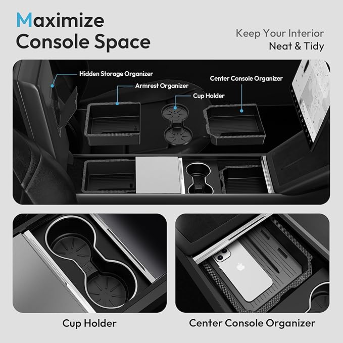 XINTUO Tesla Model Y Juniper 2025 2026 & Model 3 Highland 2024 2026 Center Console Organizer Tray [Slide Smoothly + Easy Installation] Cup Holder for Tesla Model Y Juniper Accessories