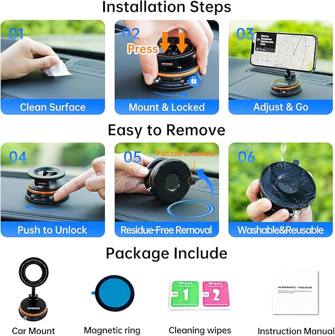 Upgraded Car Phone holder for Magsafe [120LBS Suction Cup & 3000gf Magnet ] 1100° Adjustable Vacuum Magnetic Phone Holders for Your Car, Dashboard Car Mount Bracket for iPhone & Android, Carbon Fiber
