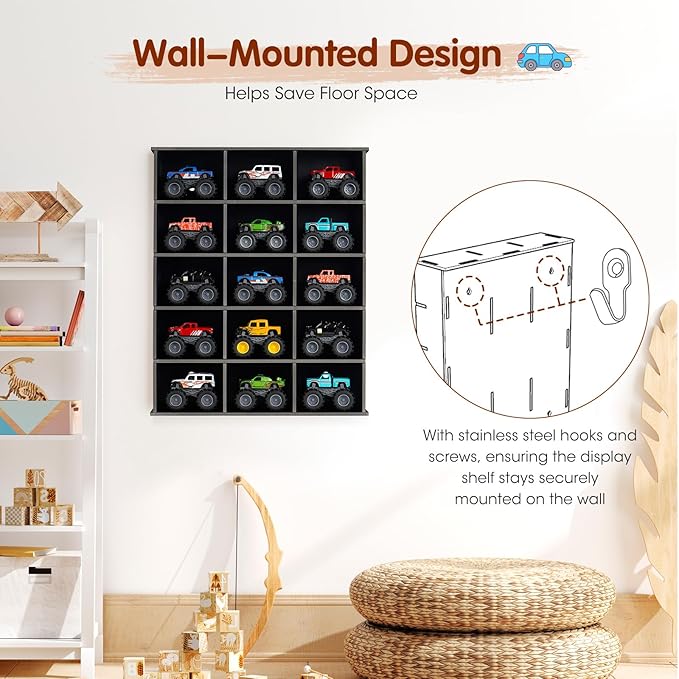 Trucks Display Shelf, 15 Slot Toy Cars Display Case, Wall Mounted Toy Truck Storage Organizer Holder, Black
