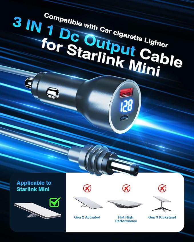 Starlink Mini DC Power Cable Cigarette Lighter Adapter, 12V-48V Car Charger with USB/Type C Ports, Durable Power Cord for Truck, RV, Car Accessories - Waterproof, Heavy Duty, Power Supply 10ft/3m